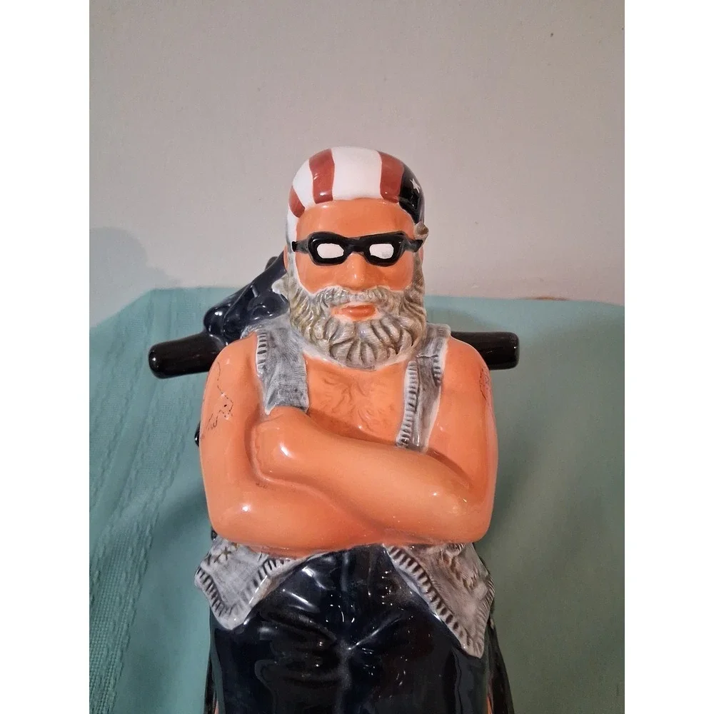 Vintage Biker Motorcycle Ceramic Cookie Jar Reclining Rider Flame Detail Novelty